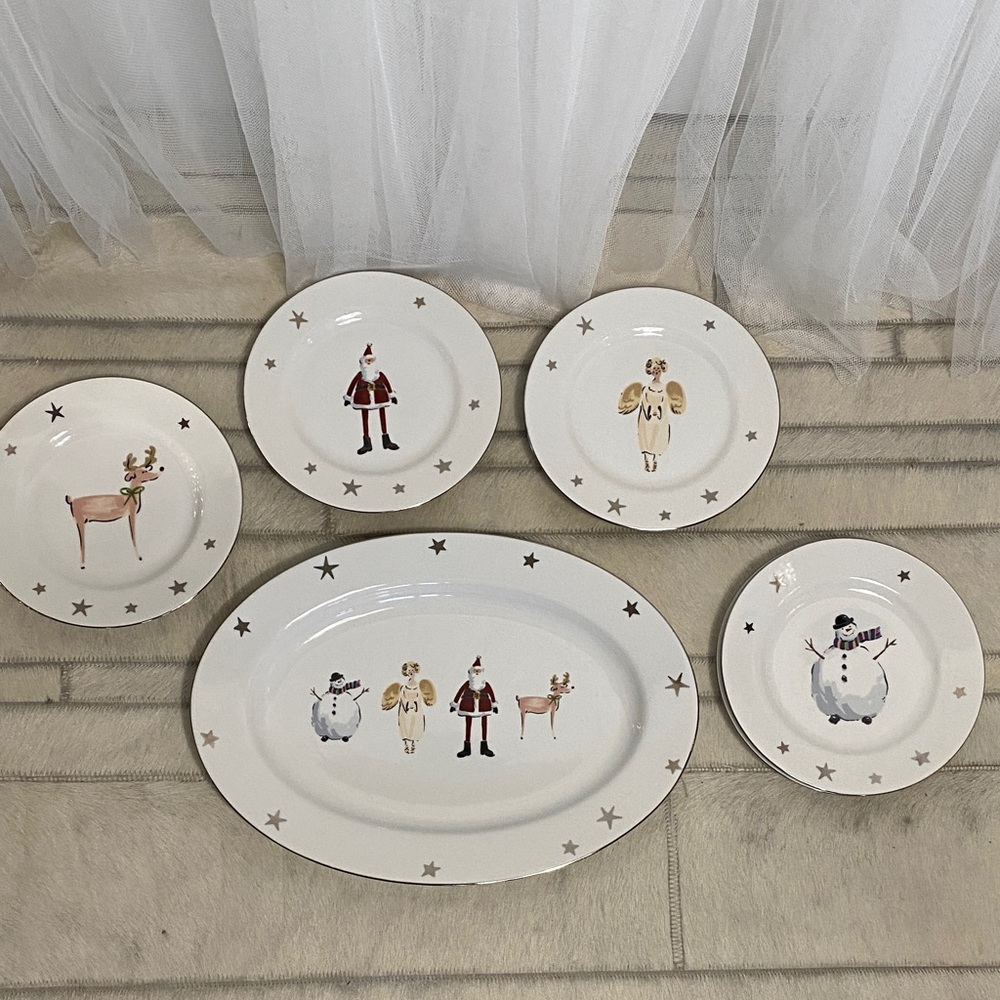 Festive WhiteSet with Holiday Motifs 1 Serving Oval Plate 8 Desert plates